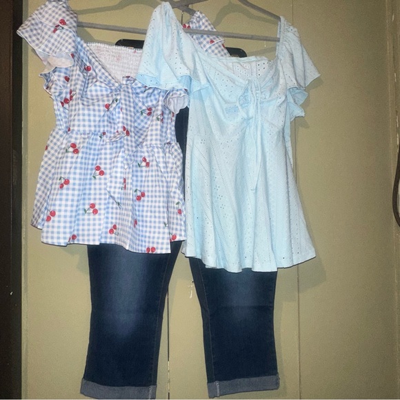 SHEIN Tops - Blue and White Blouses with Denim Capris bundle